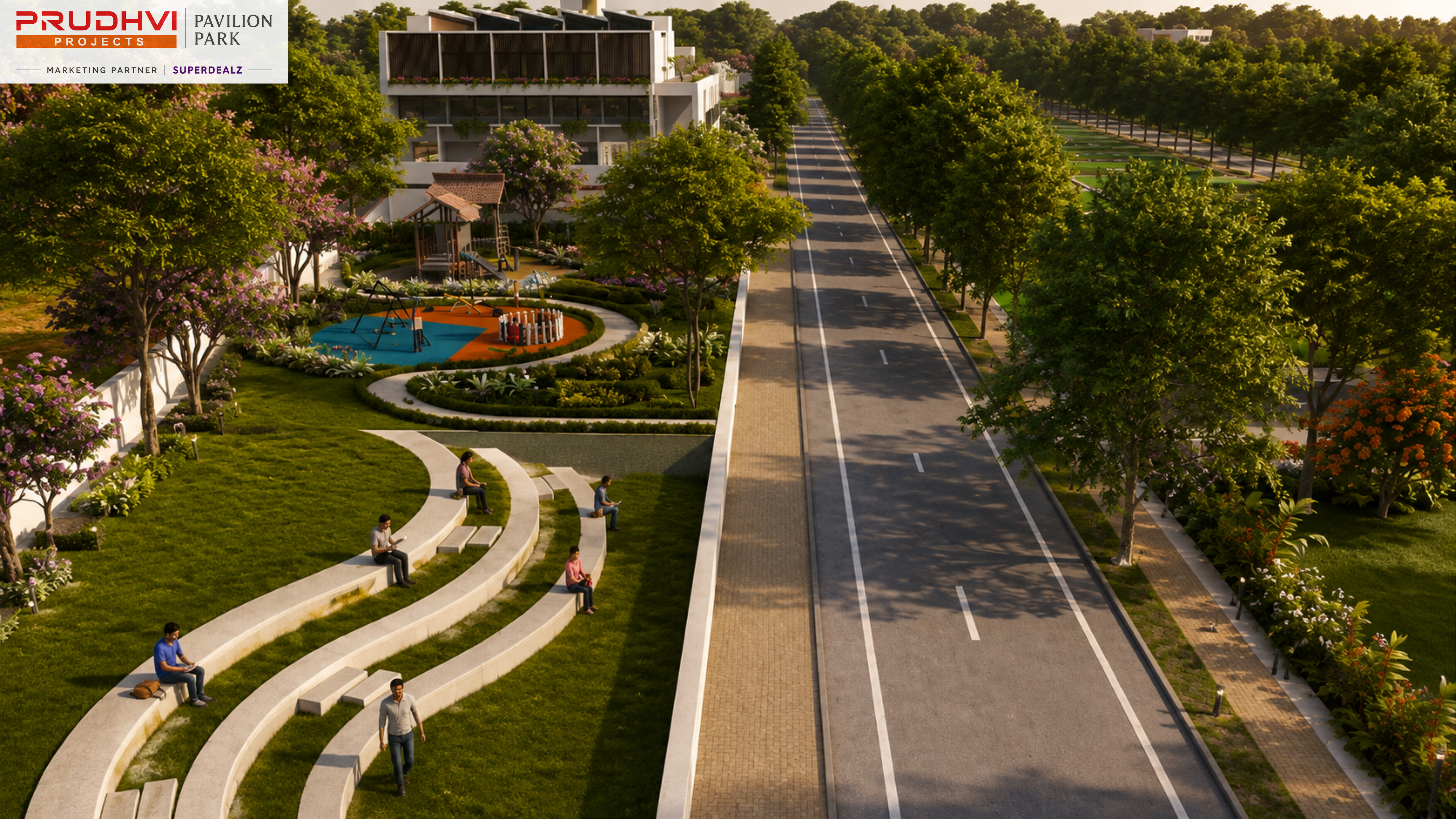 Pavilion Park amphitheatre, playground, and internal road — 3D render