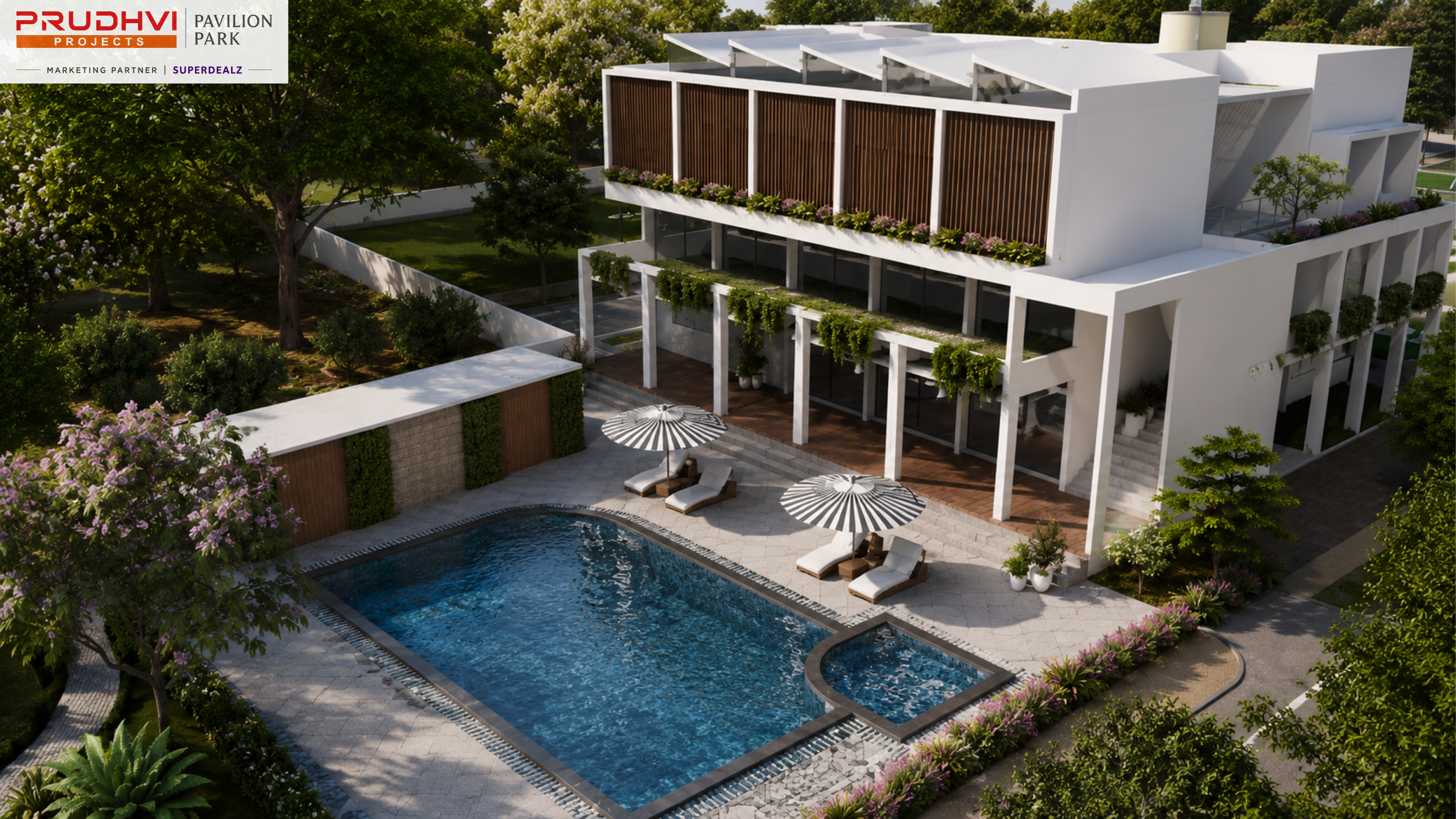 Pavilion Park clubhouse and swimming pool — aerial 3D render