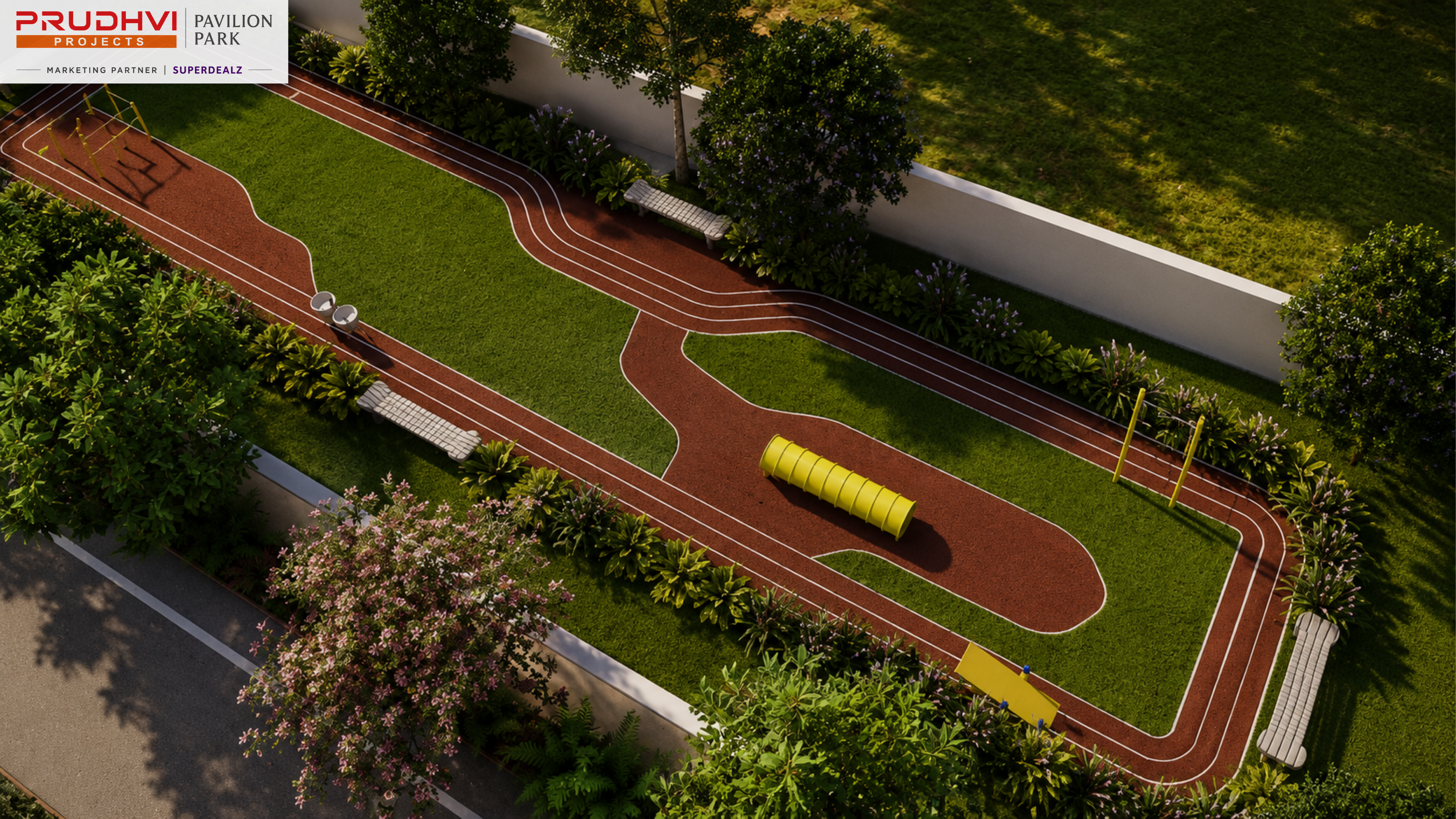 Pavilion Park jogging track with outdoor fitness stations — 3D render