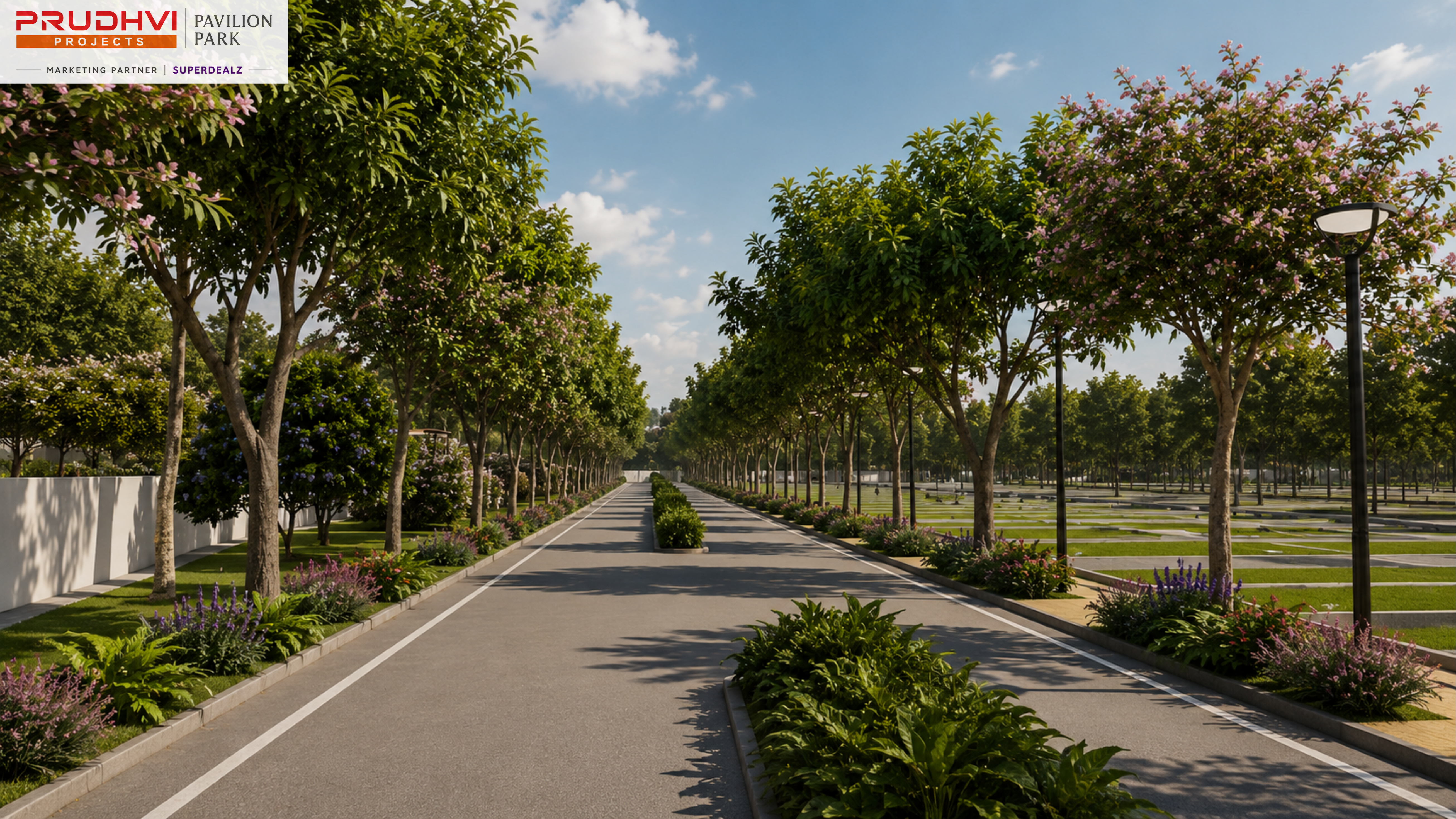 Pavilion Park internal boulevard lined with trees — 3D render
