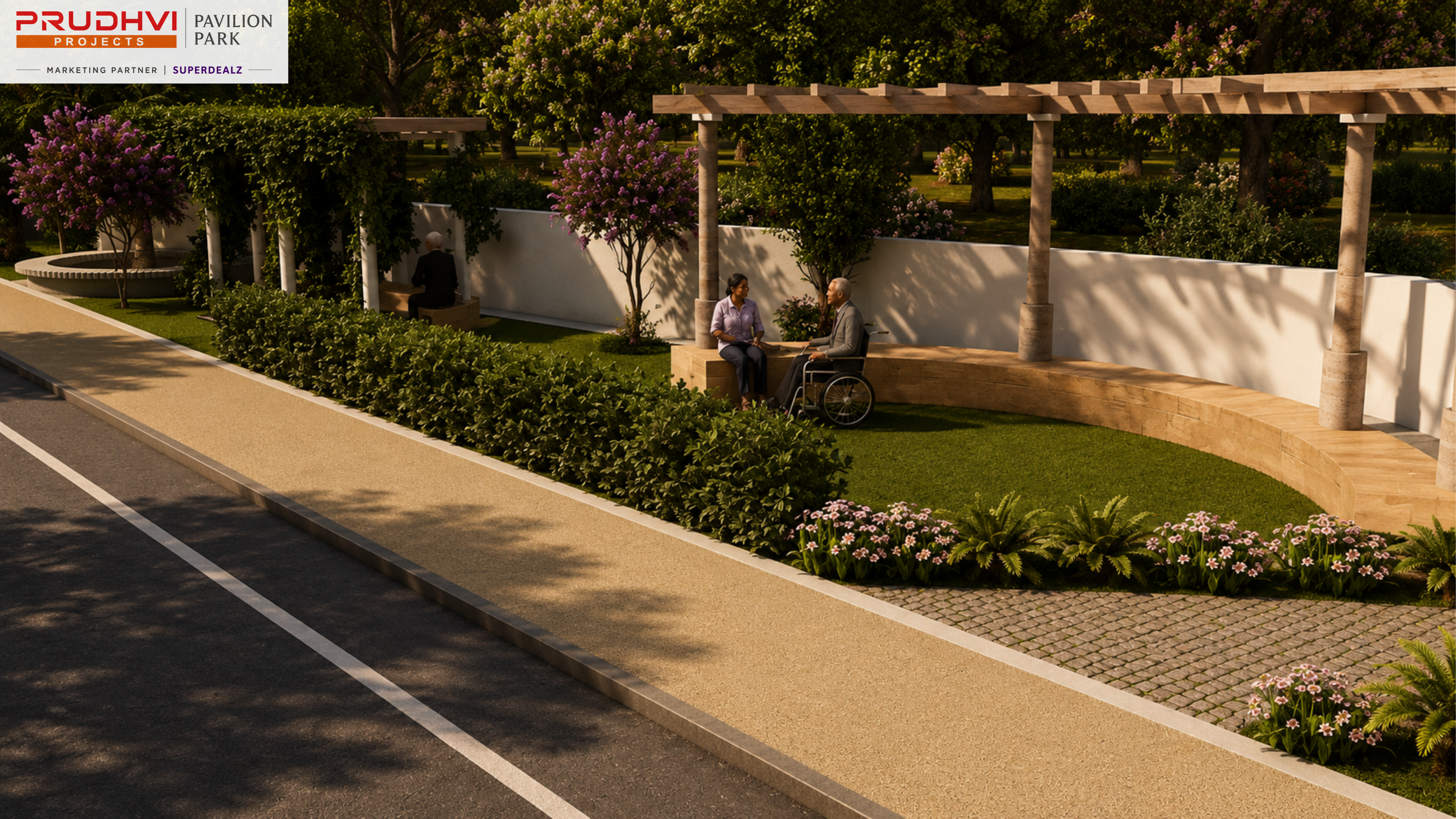 Pavilion Park pergola seating and landscaped gardens — 3D render