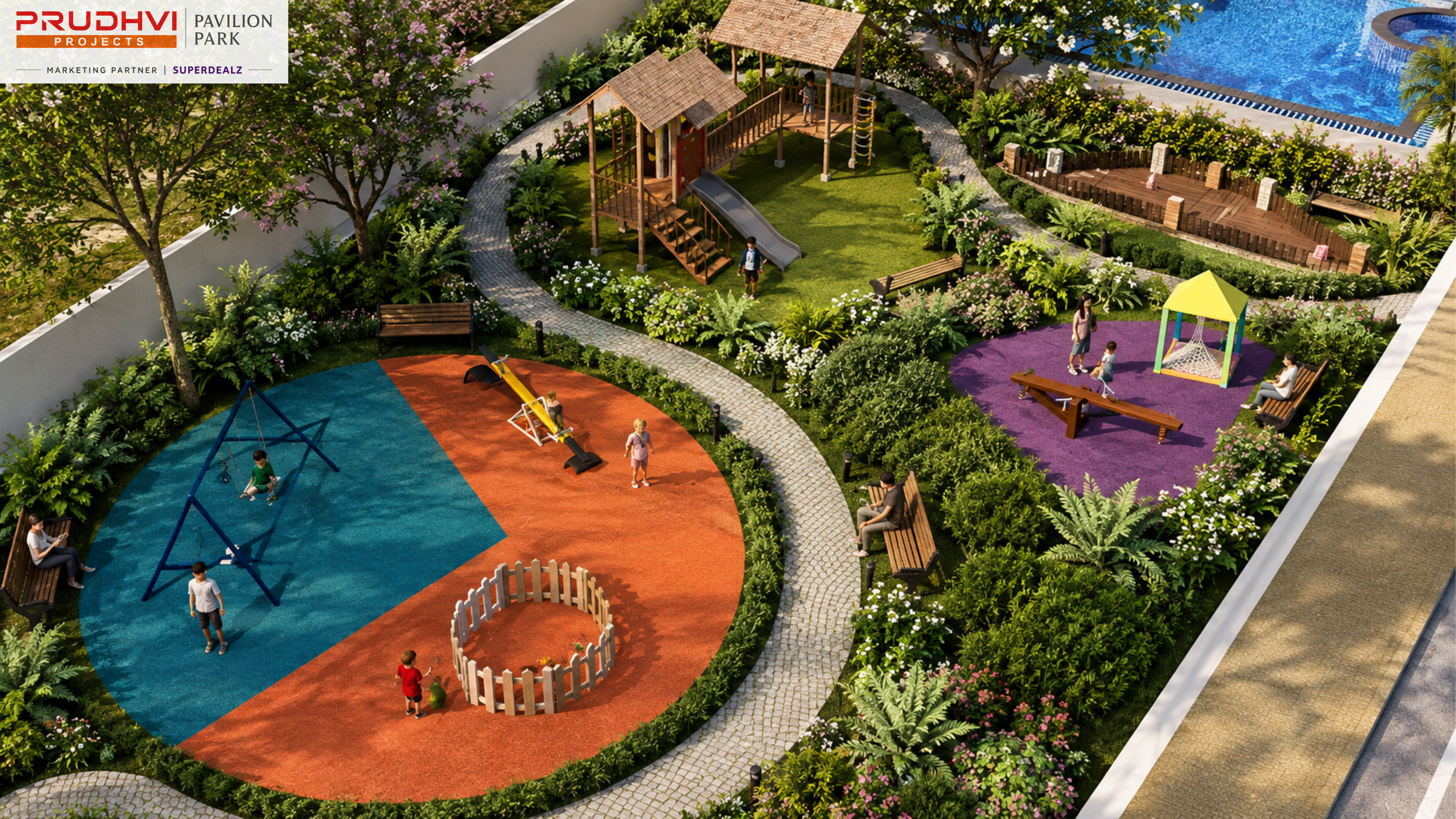 Pavilion Park play area near the pool — aerial 3D render