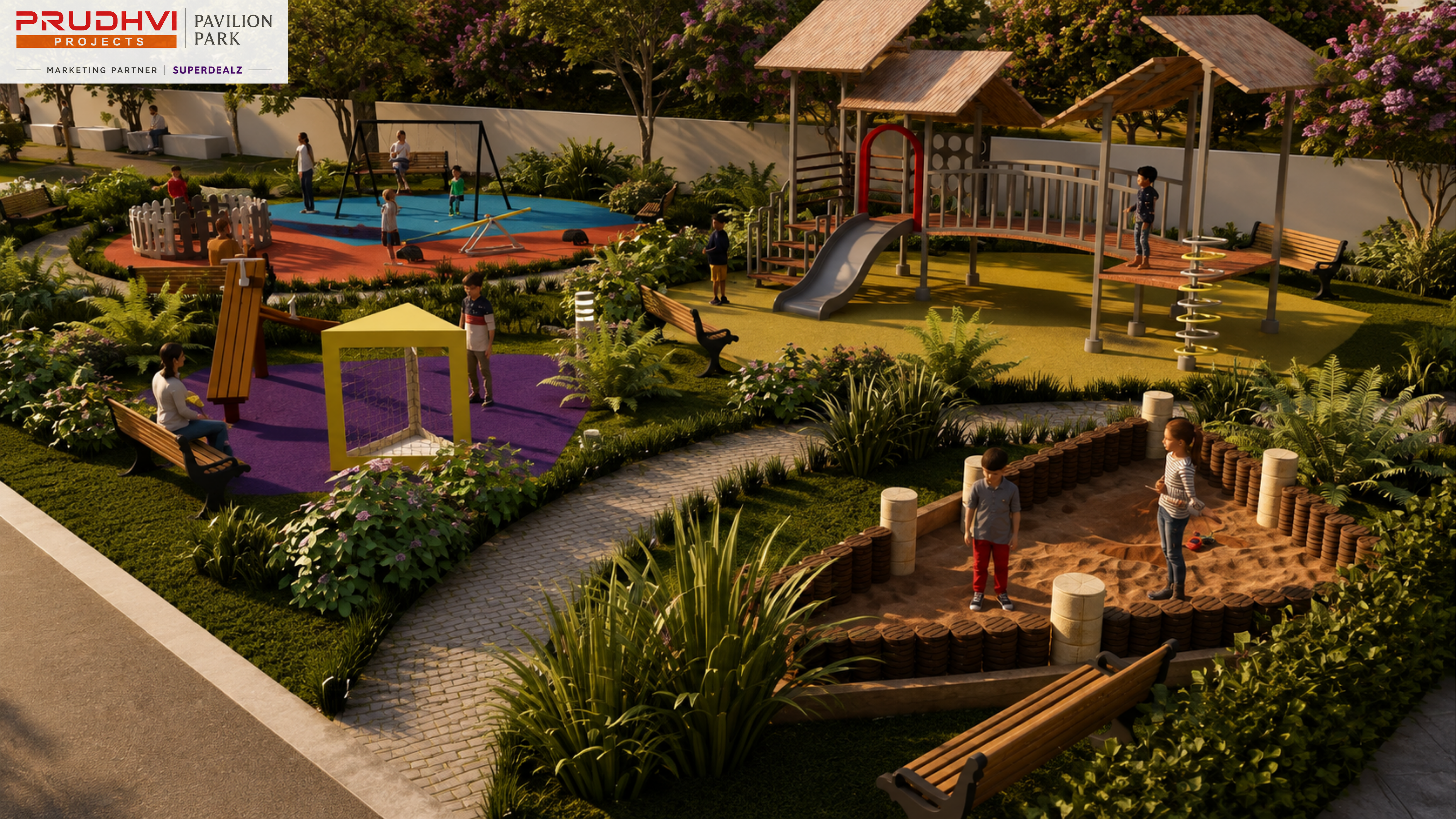 Pavilion Park children's playground with play equipment — 3D render