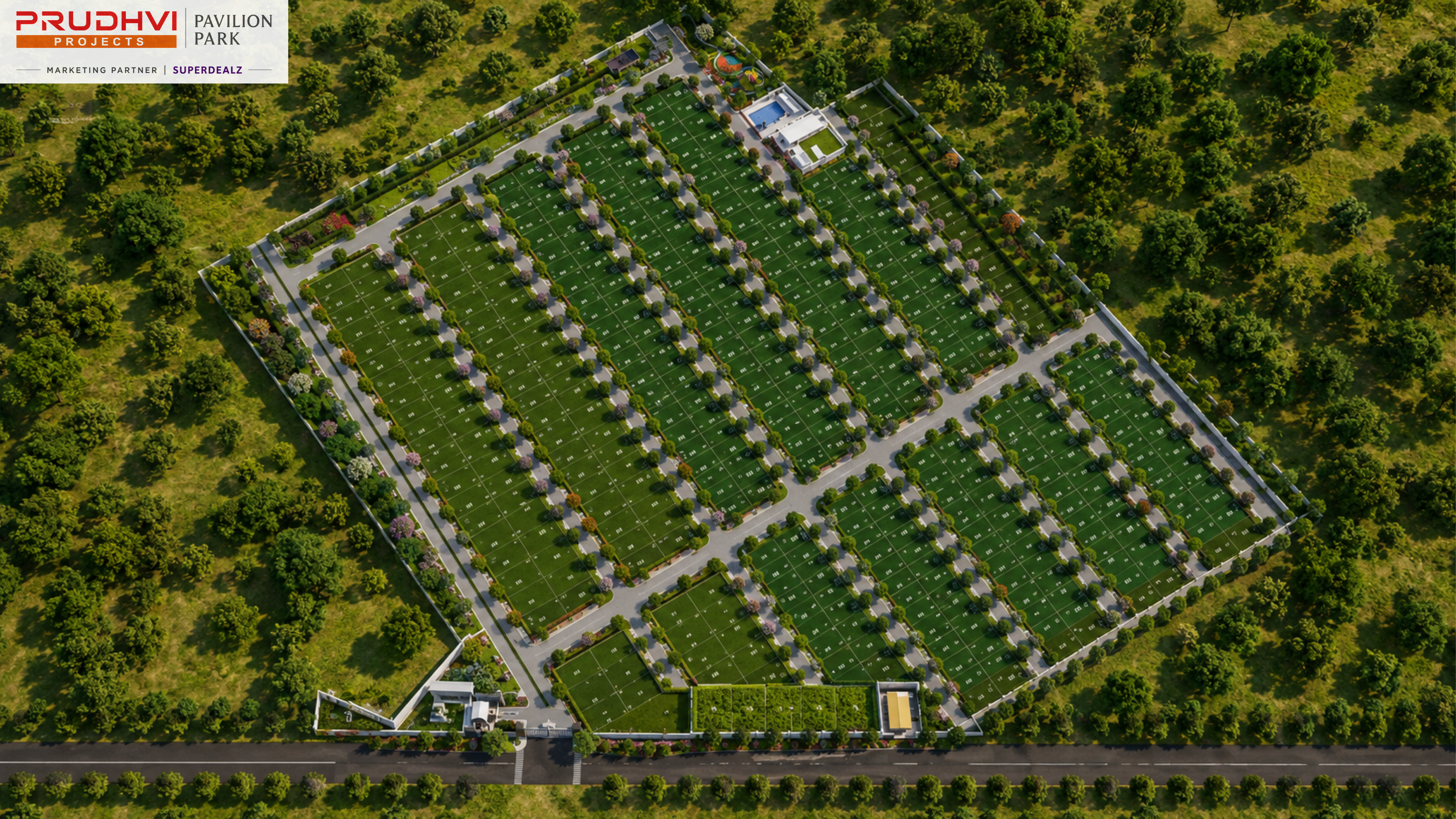 Aerial view of Pavilion Park residential layout — 3D render