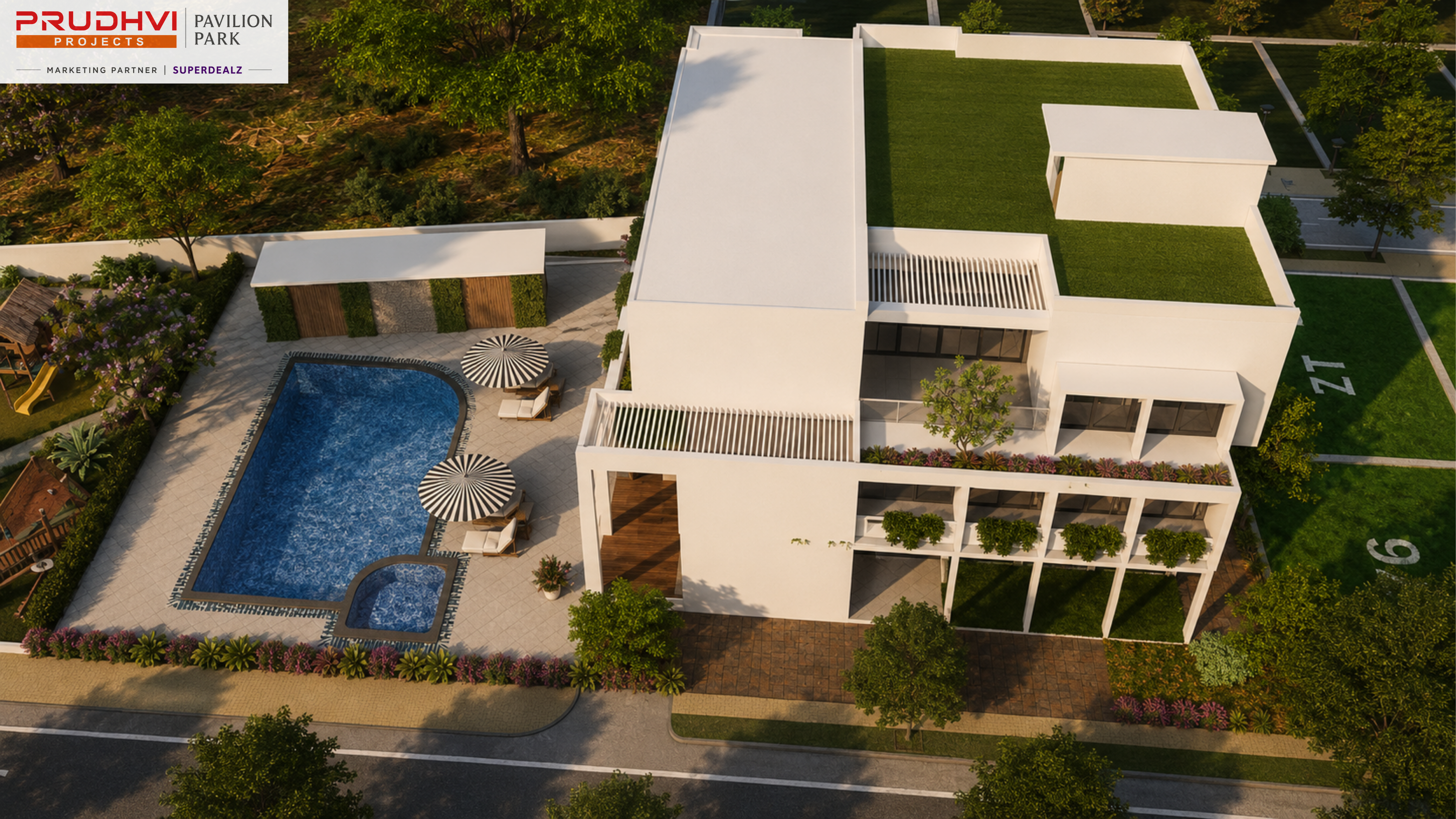 Pavilion Park villa with pool — aerial 3D render