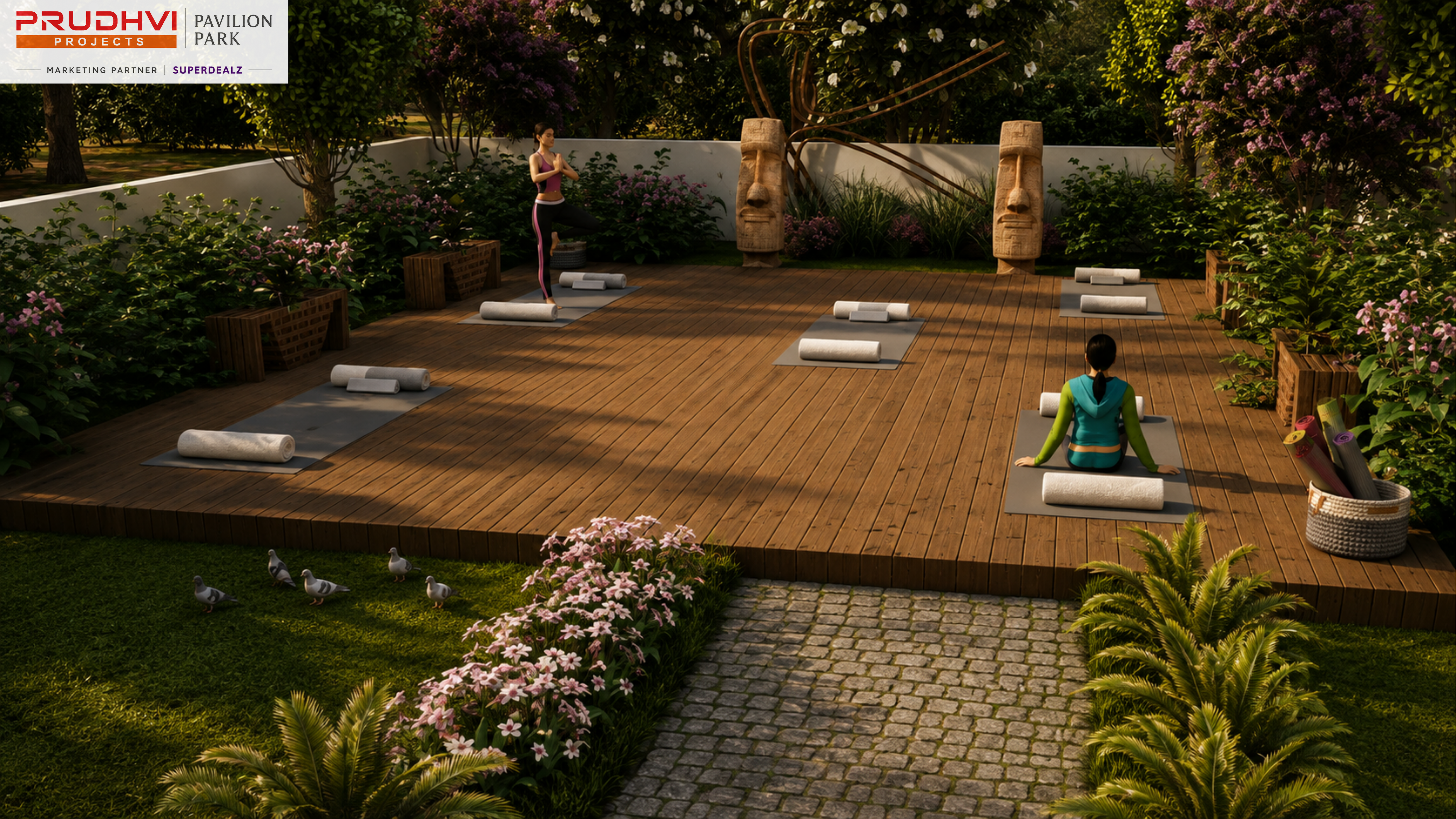 Pavilion Park outdoor yoga and meditation deck — 3D render