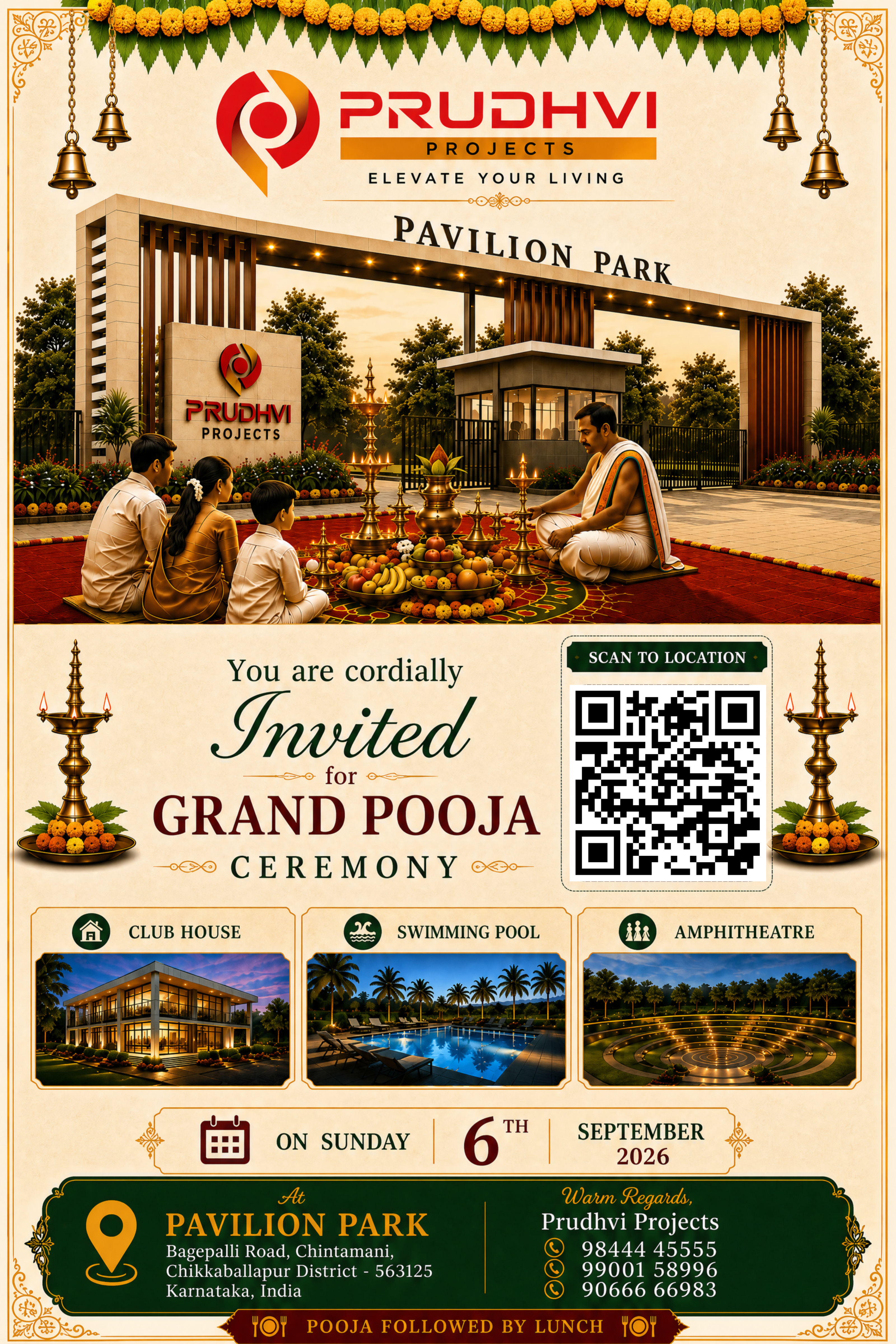 Grand Pooja Ceremony invitation for Pavilion Park by Prudhvi Projects