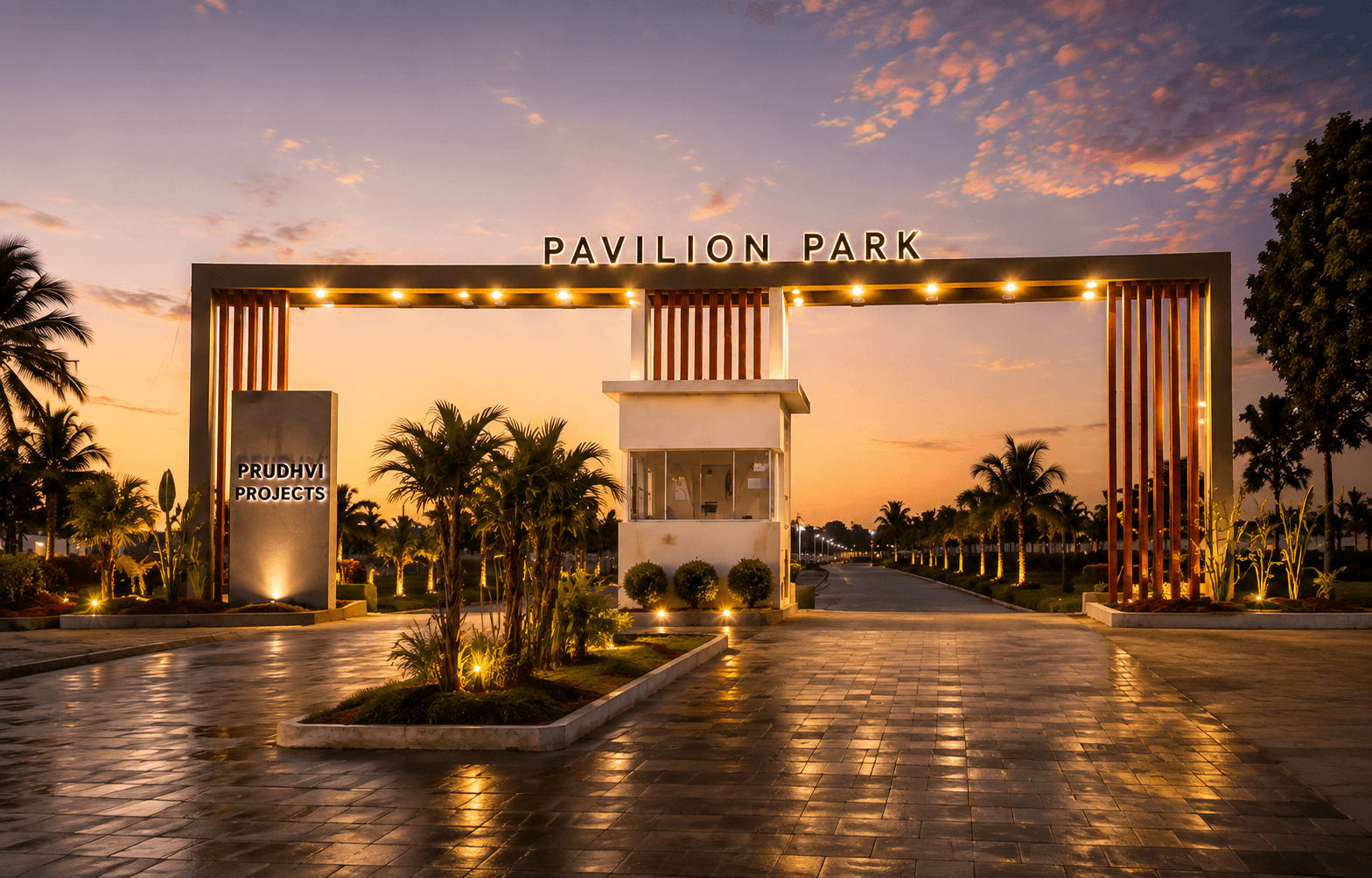 Pavilion Park entrance gate at sunset by Prudhvi Projects