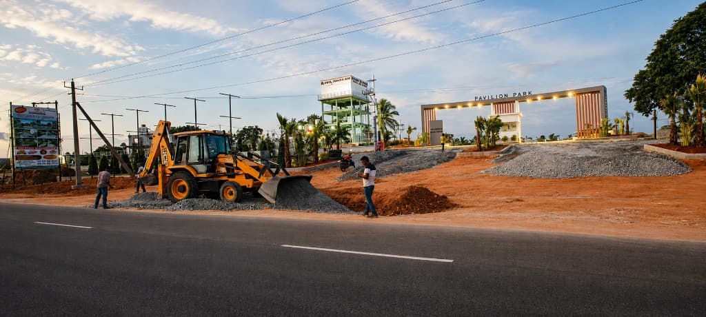 Pavilion Park site progress with entrance gate and approach road